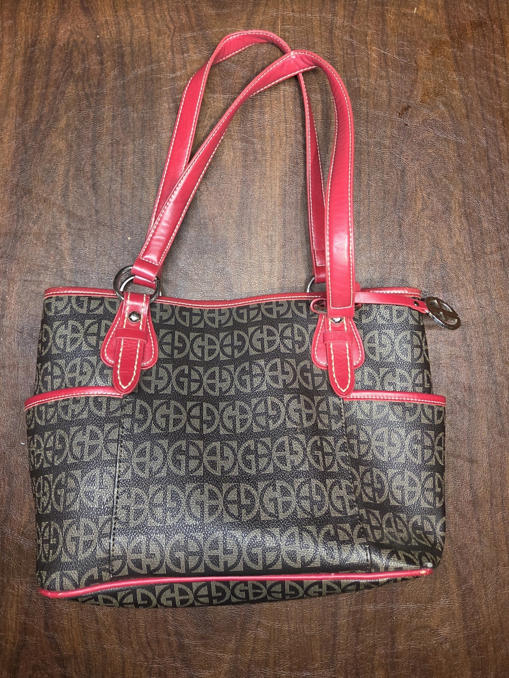 Monogram Pattern Tote Bag with Red Trim